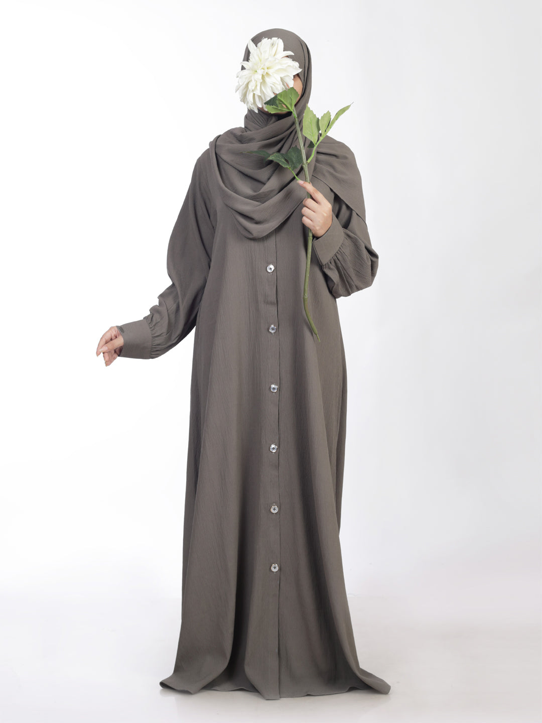 Buy Grey Kaaj Button Front Open Abaya Set Online