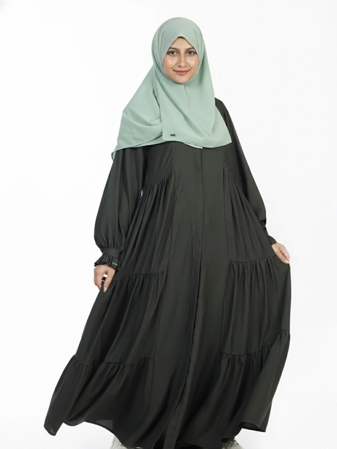 Front Open Three Tier Side Frill Abaya
