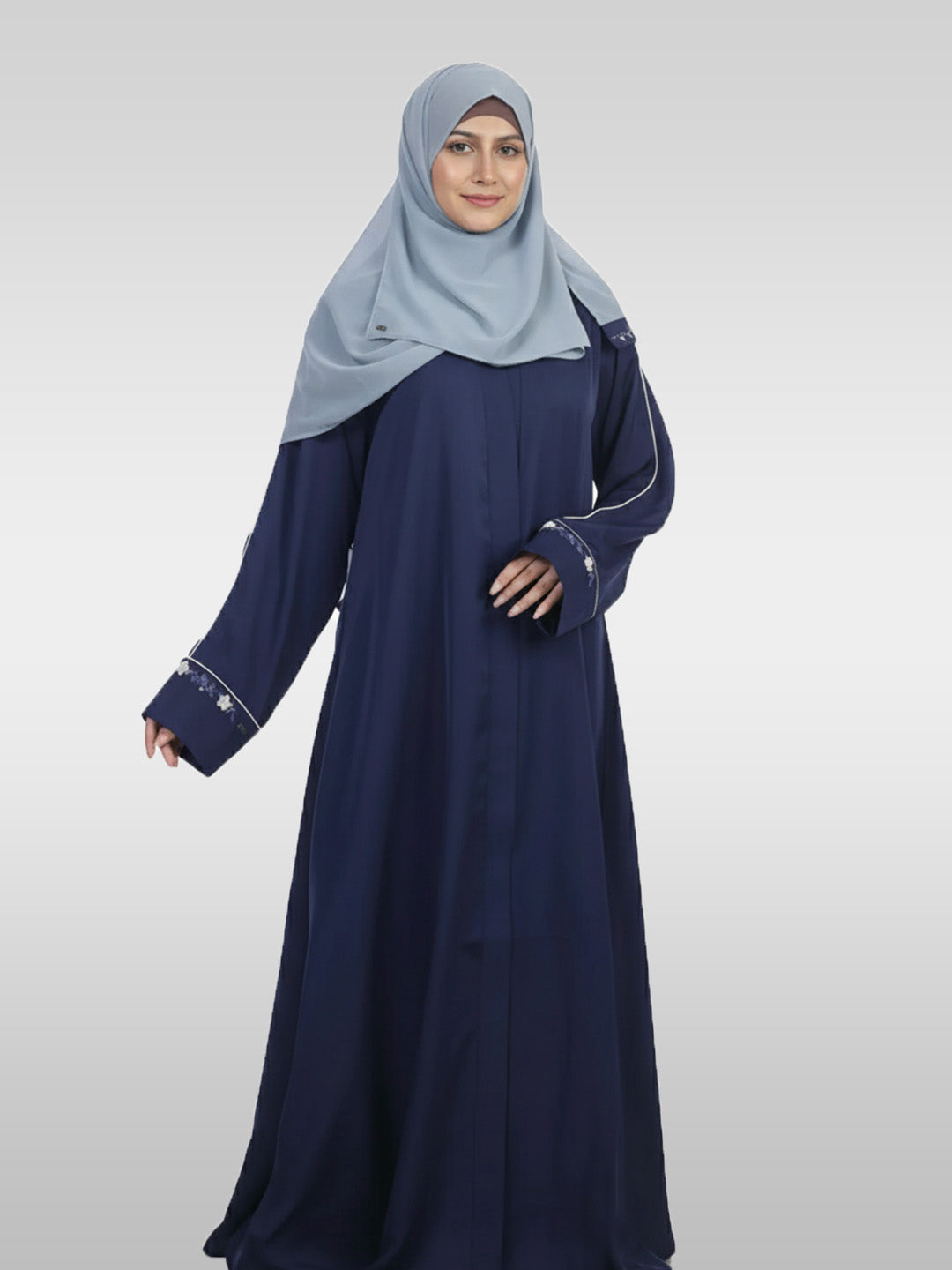 Front Open Abaya with Piping and Handwork Detail at Sleeves