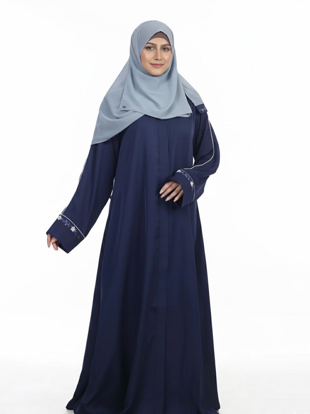 Front Open Abaya with Piping and Handwork Detail at Sleeves
