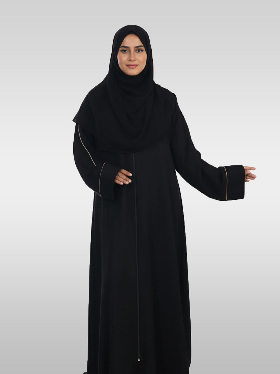 Full Length Zip Abaya with Piping Detail at Sleeves