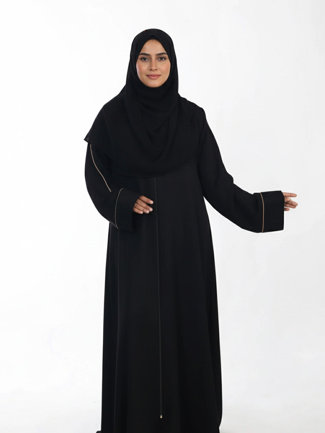 Full Length Zip Abaya with Piping Detail at Sleeves
