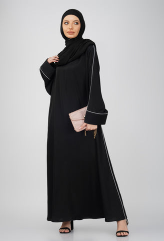 Sauda Black Sleeves And Side Piping Nida Abaya Set