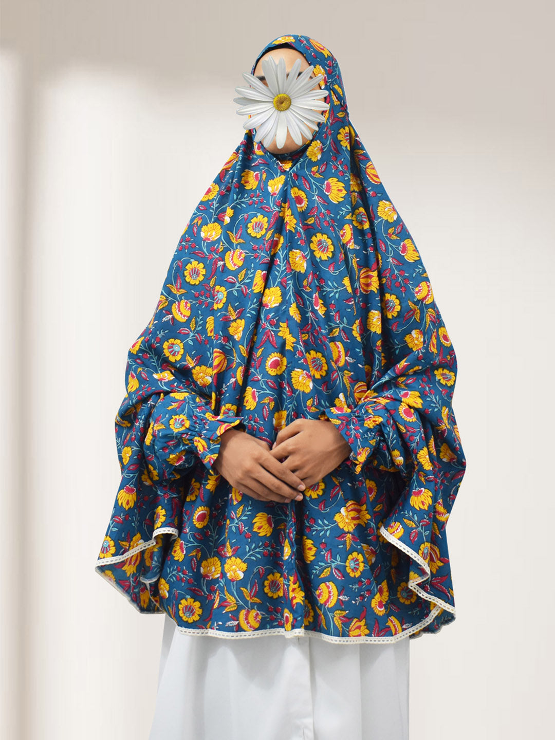 Teal Blue Floral Cotton Namaz Makhna