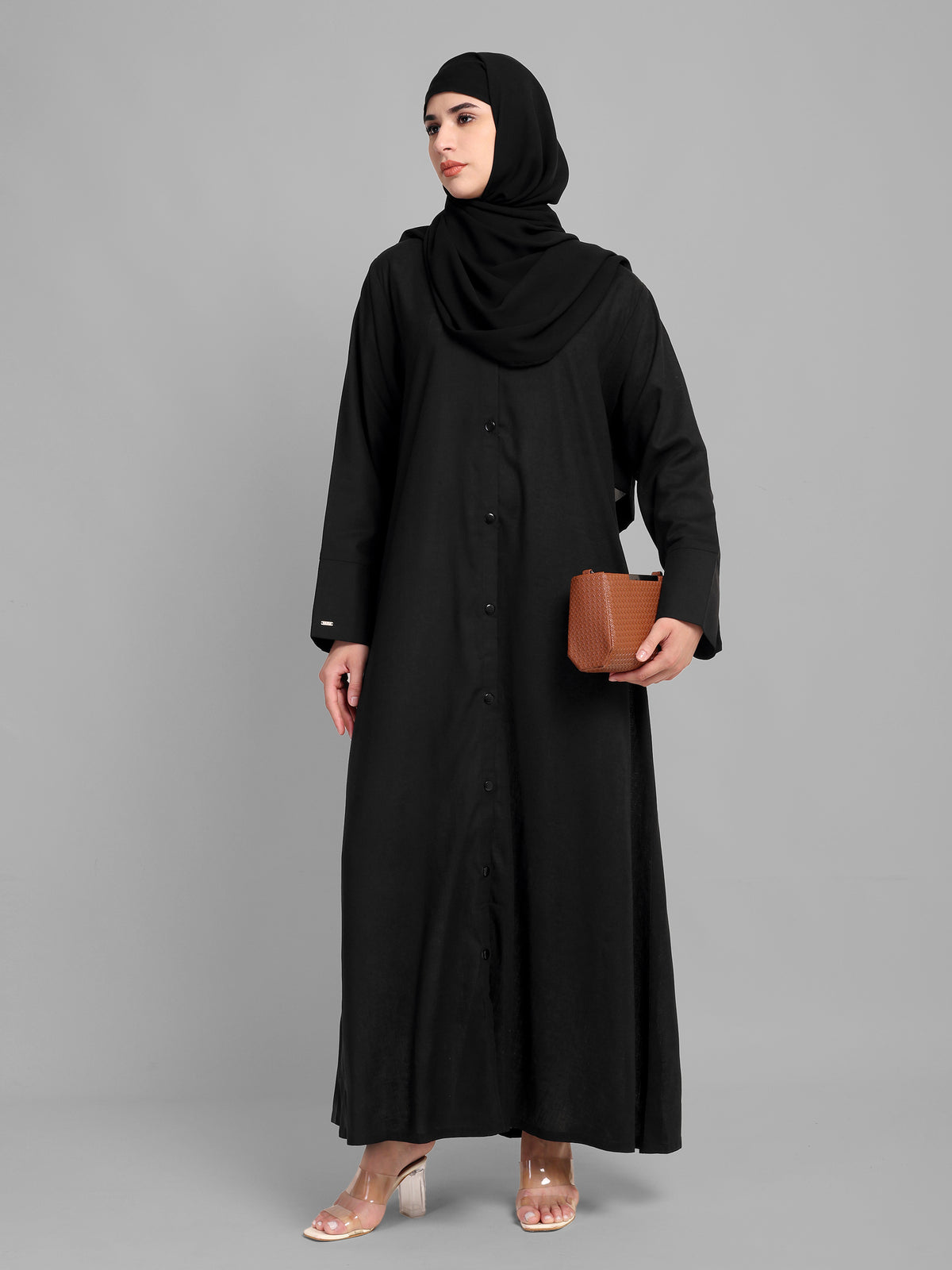 Linen Front Open Button Sleeves Abaya