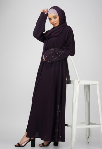 Solitary Purple Kali Handwork Front Open Abaya Set