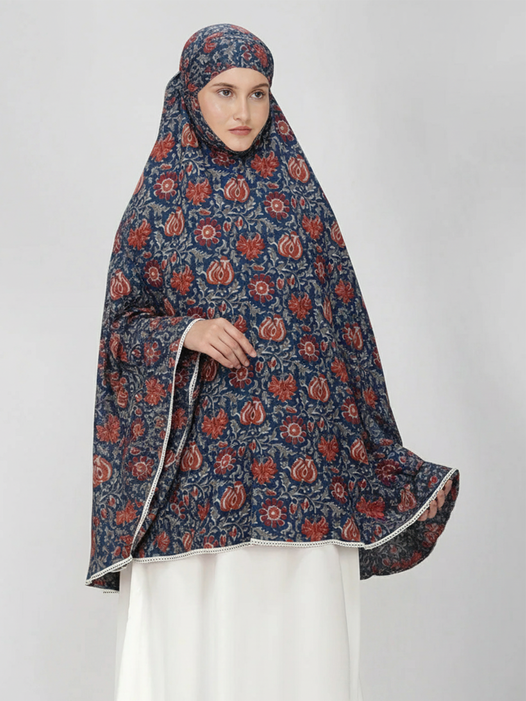 Rose Floral Navy Blue Cotton Namaz Makhna