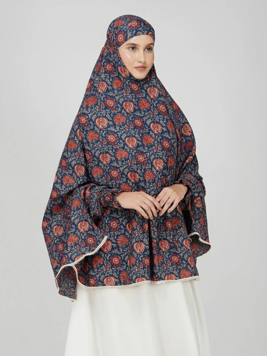 Rose Floral Navy Blue Cotton Namaz Makhna