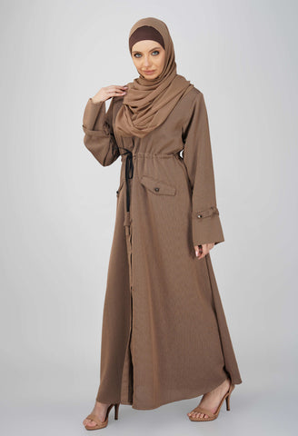 Splendid Brown Waist Drawstring Pocket Abaya Set