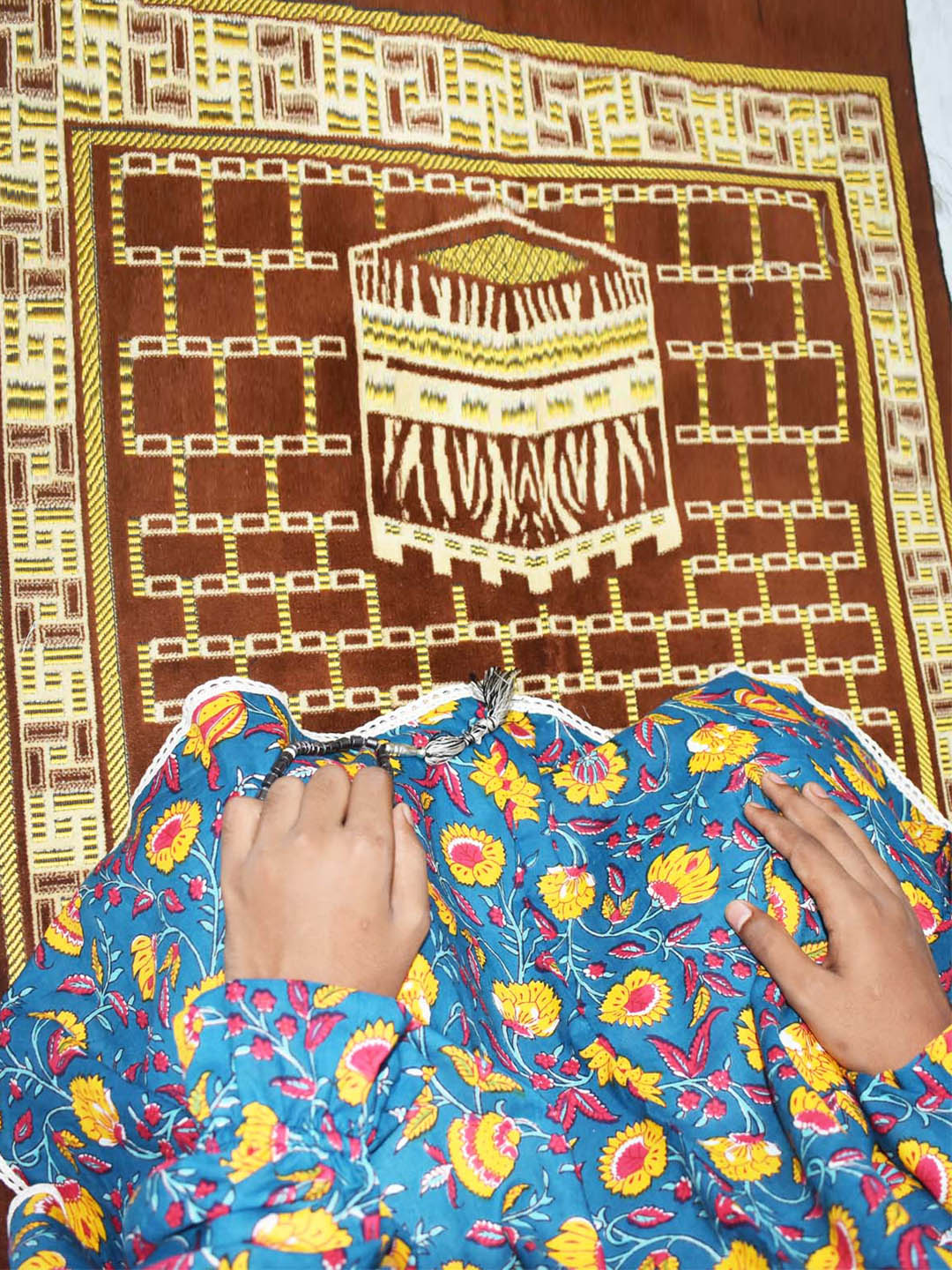 Teal Blue Floral Cotton Namaz Makhna