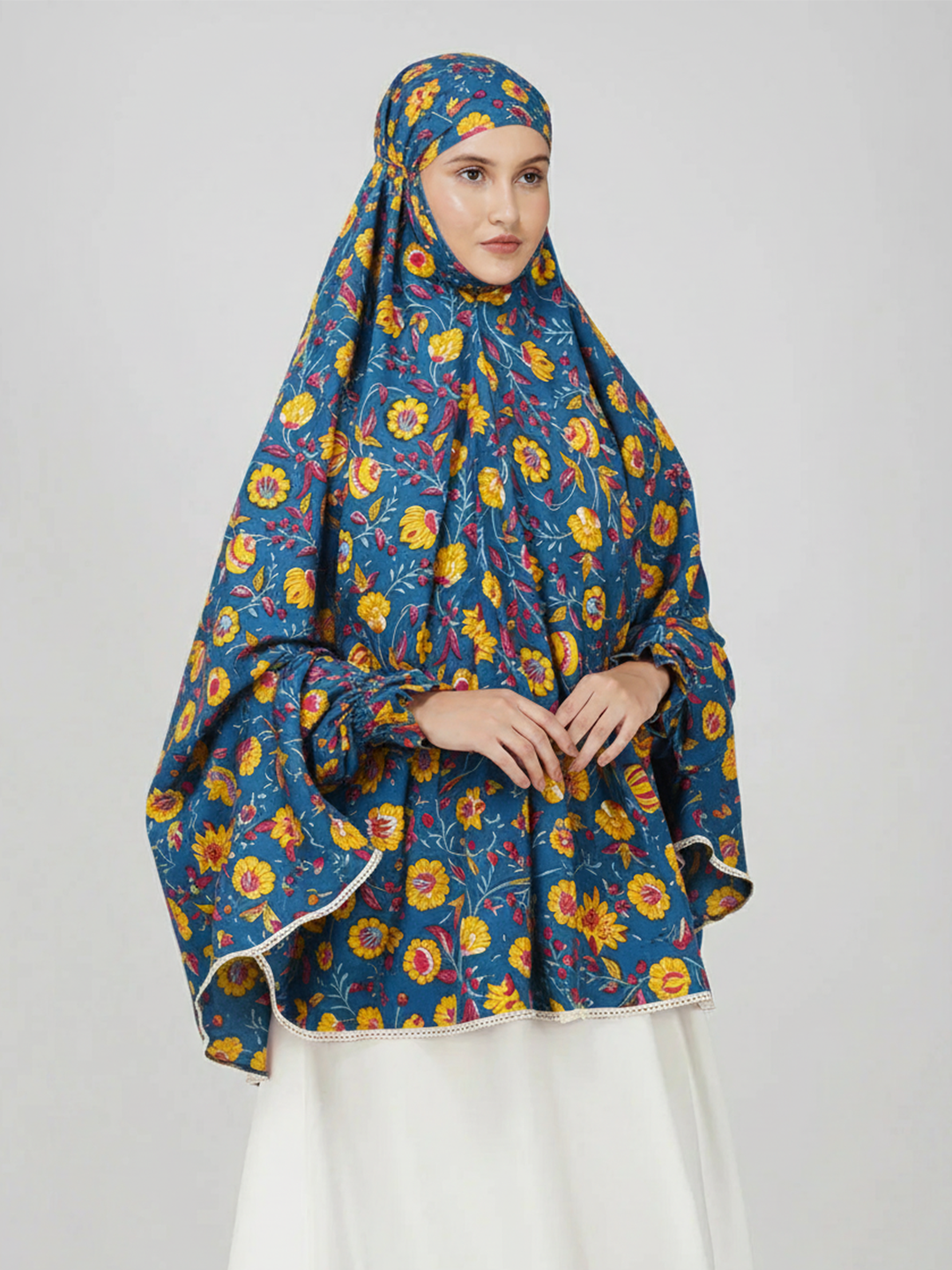 Teal Blue Floral Cotton Namaz Makhna