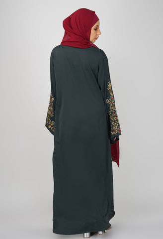 Majestic Charcoal Grey Primrose Embroidery Front Open Abaya Set