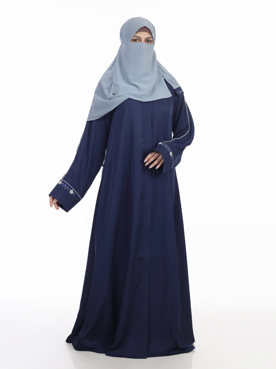 Front Open Abaya with Piping and Handwork Detail at Sleeves