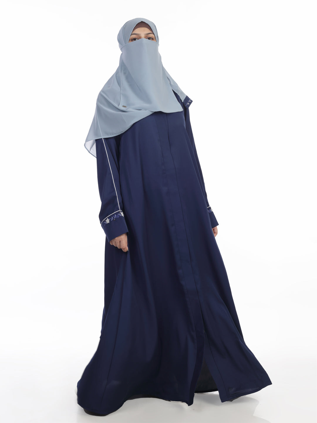Front Open Abaya with Piping and Handwork Detail at Sleeves