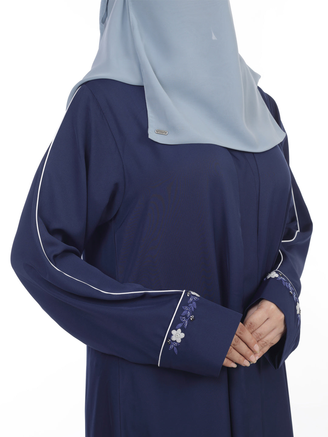 Front Open Abaya with Piping and Handwork Detail at Sleeves