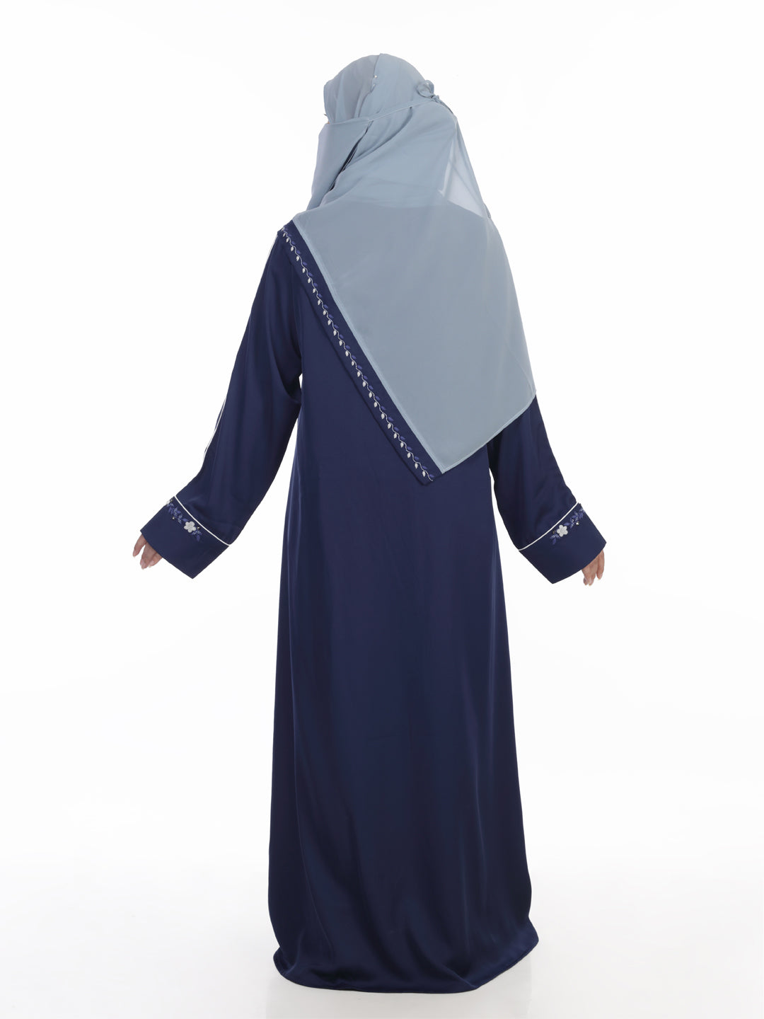 Front Open Abaya with Piping and Handwork Detail at Sleeves