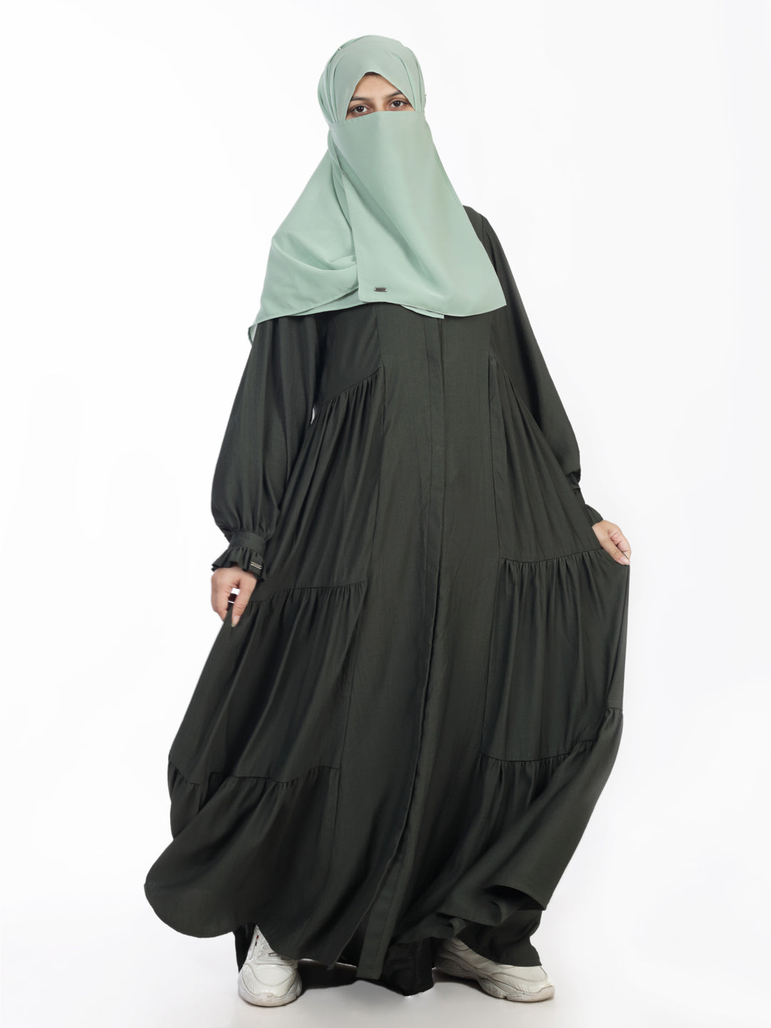 Front Open Three Tier Side Frill Abaya
