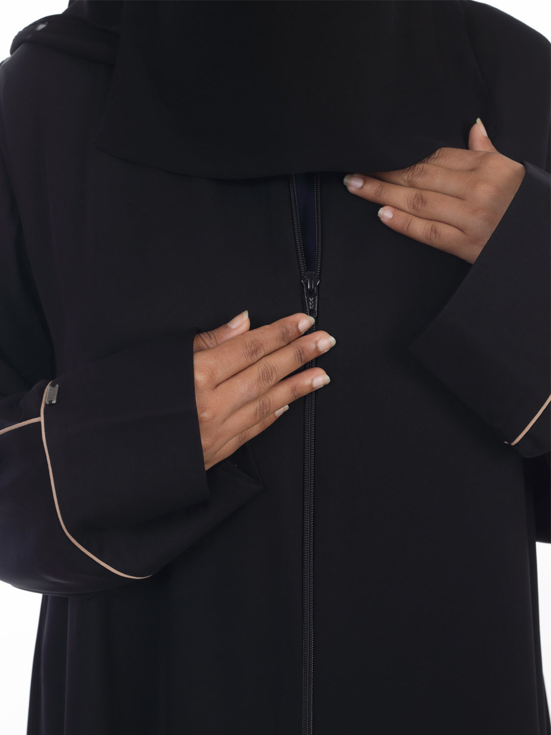 Full Length Zip Abaya with Piping Detail at Sleeves