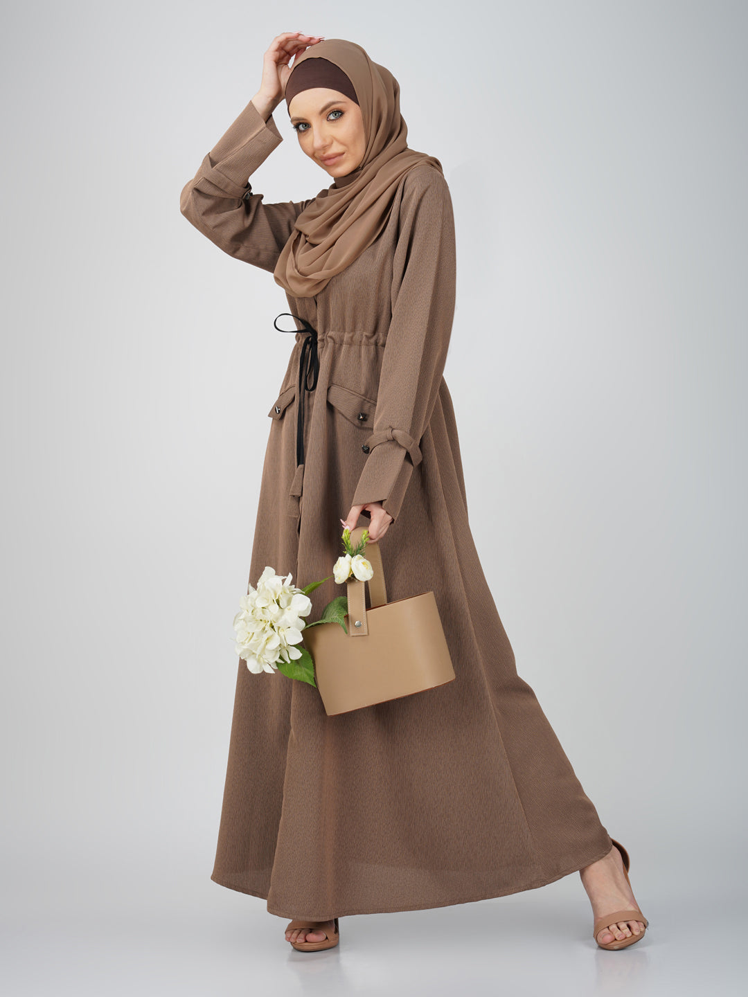 Azha Brown Waist Drawstring Pocket Abaya Set
