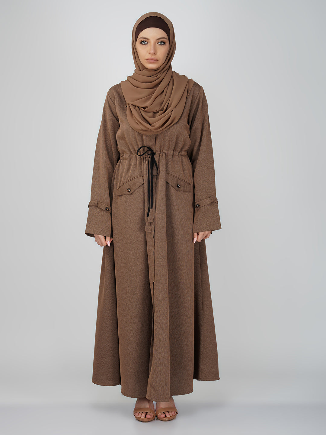 Azha Brown Waist Drawstring Pocket Abaya Set