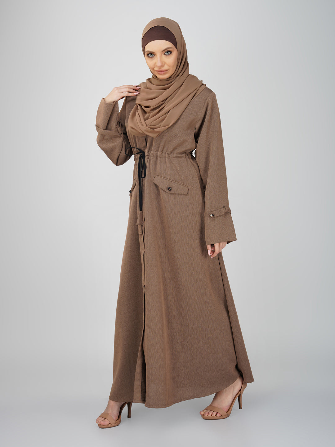 Azha Brown Waist Drawstring Pocket Abaya Set