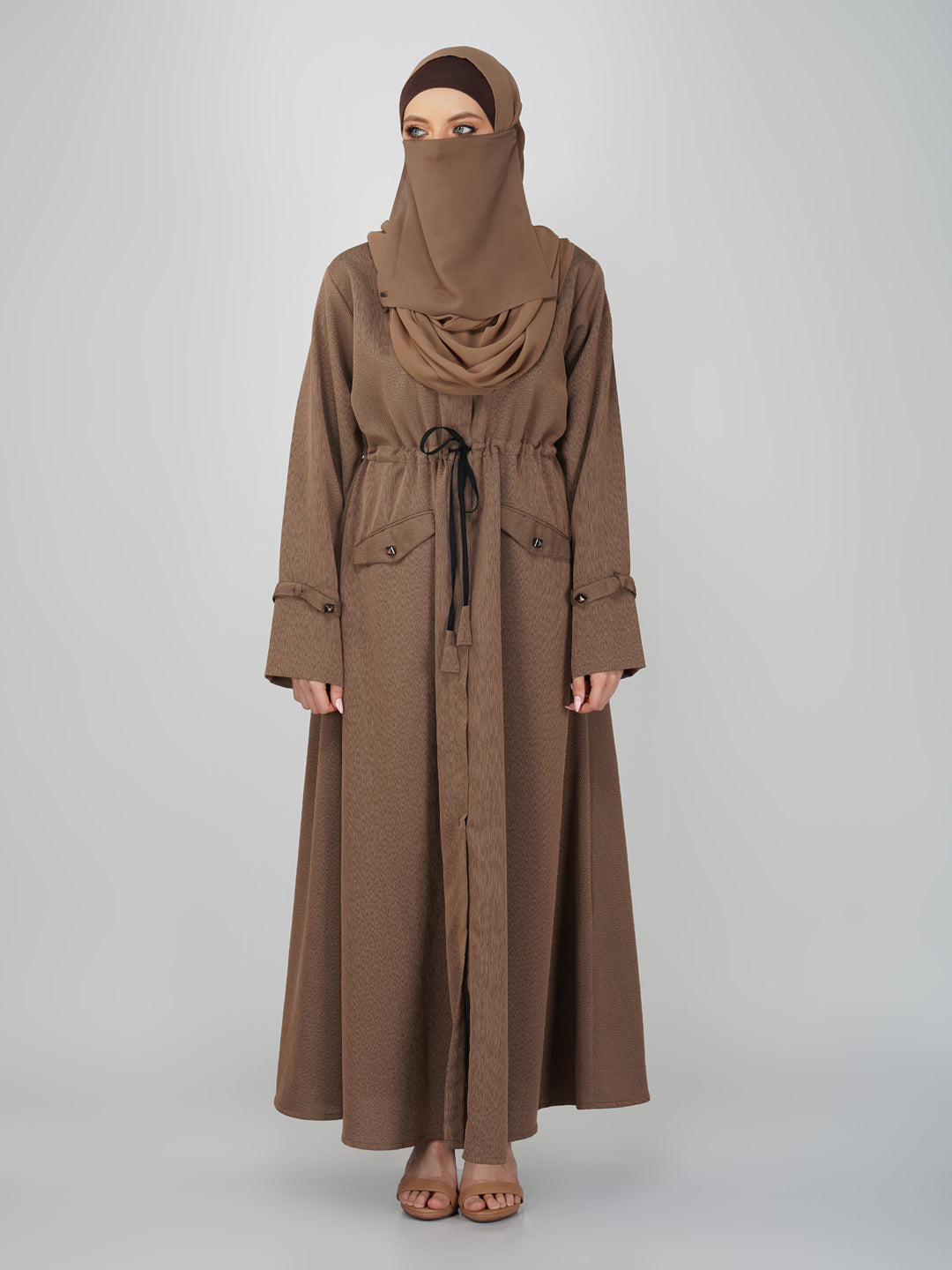 Azha Brown Waist Drawstring Pocket Abaya Set