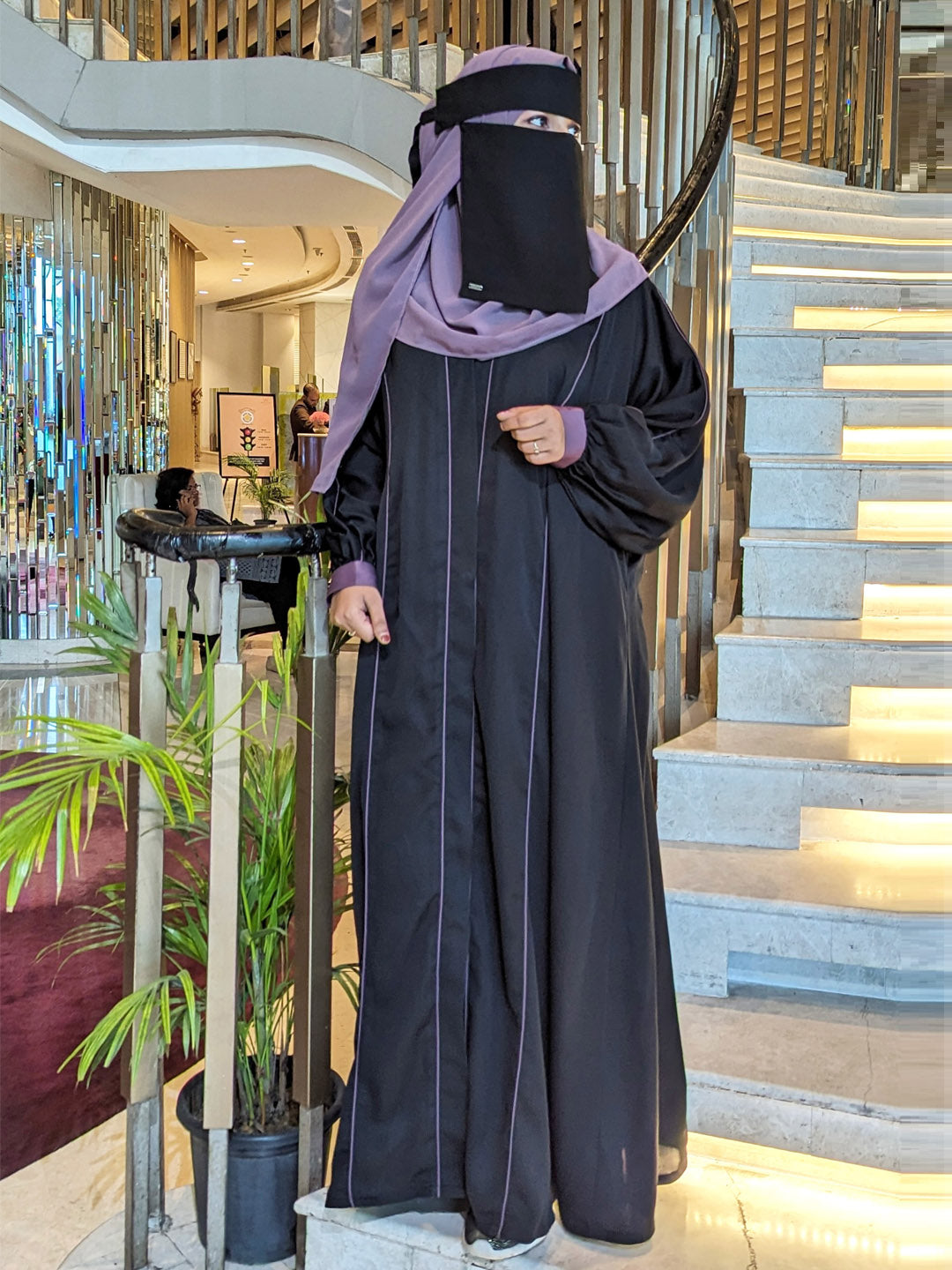 Front Open Purple Piping Abaya Set