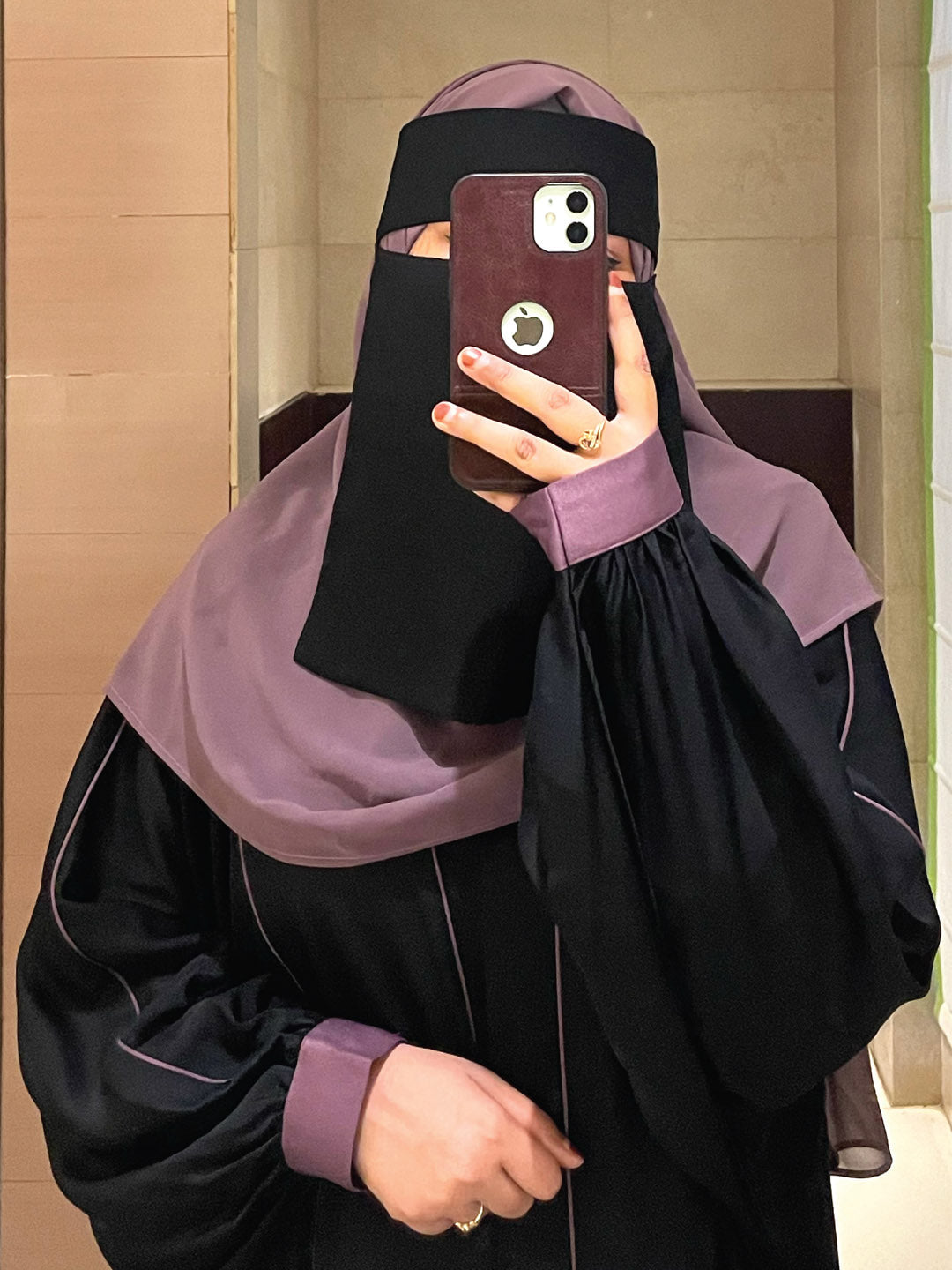 Front Open Purple Piping Abaya Set