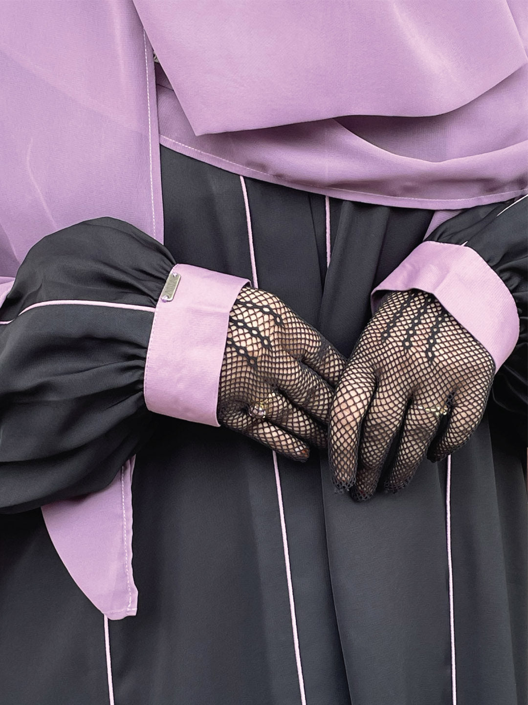 Front Open Purple Piping Abaya Set