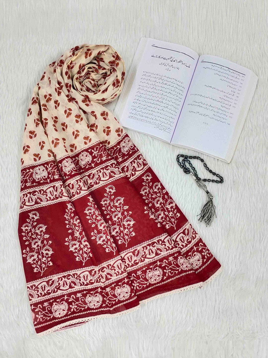 Aqsa Maroon Floral Cotton Namaz Dupatta