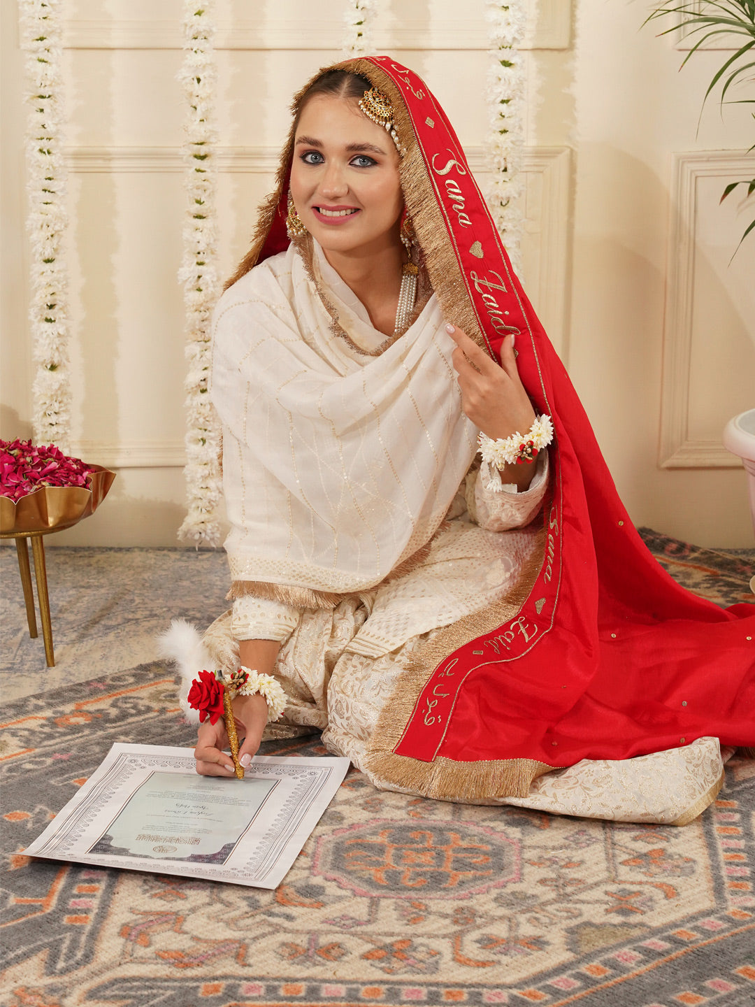 Bridal Dupatta - Centre Embroidery With Border Work At Front Side Chinon Silk