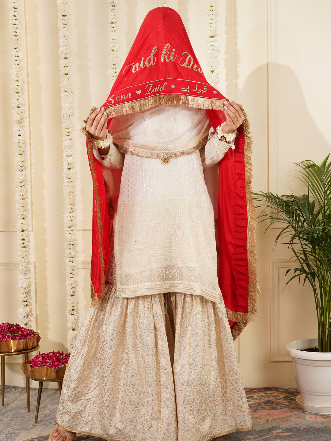 Bridal Dupatta - Centre Embroidery With Border Work At Front Side Chinon Silk