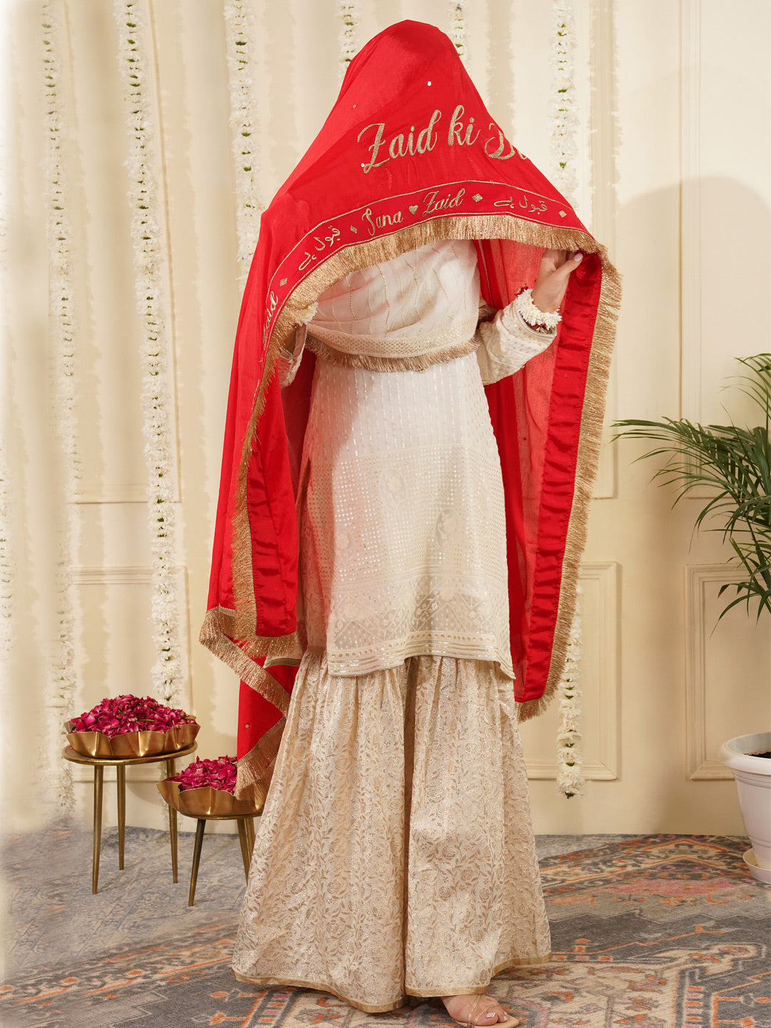 Bridal Dupatta - Centre Embroidery With Border Work At Front Side Chinon Silk