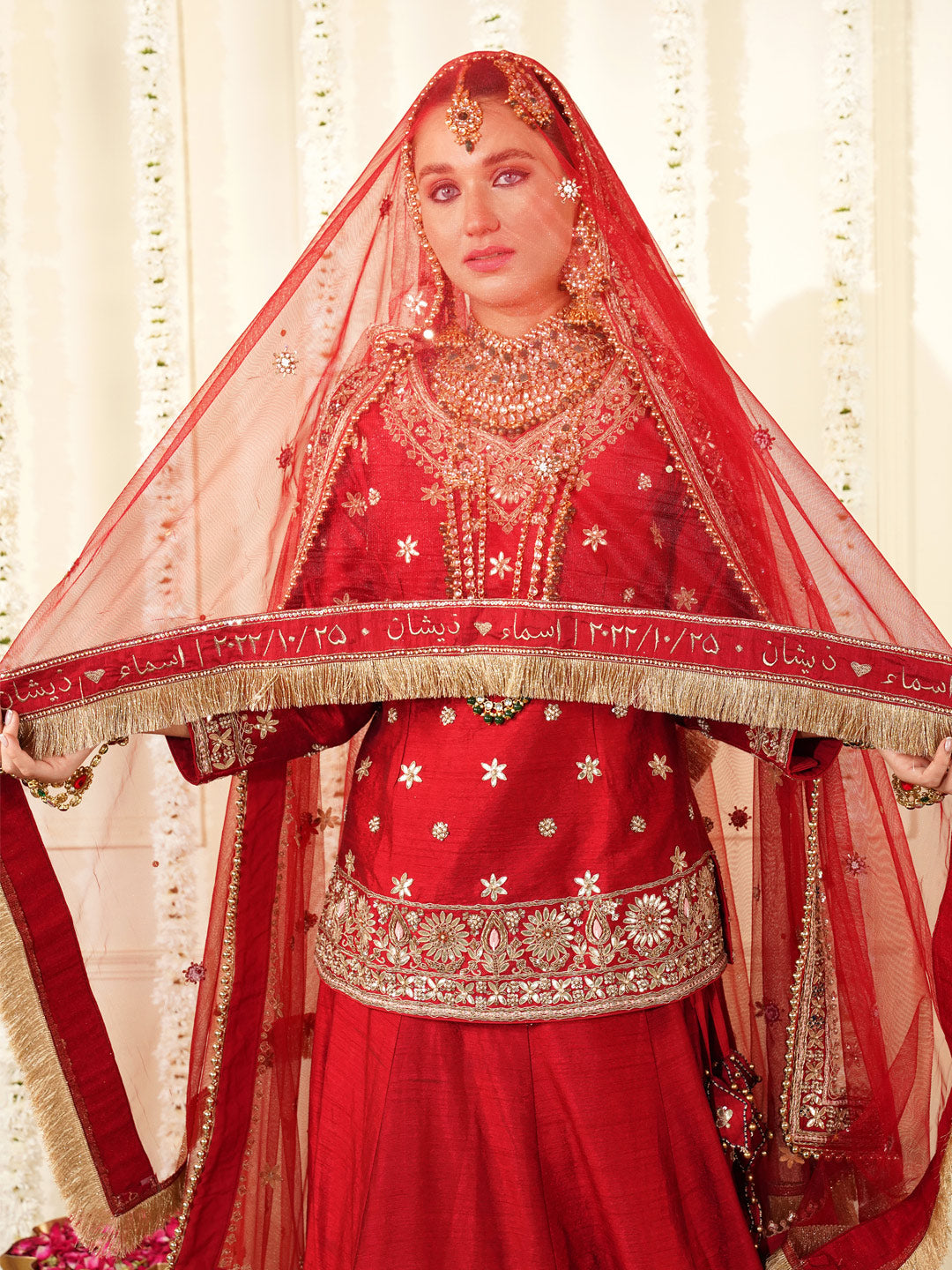 Bridal Dupatta - Floral Hand Work And Border Work At Front