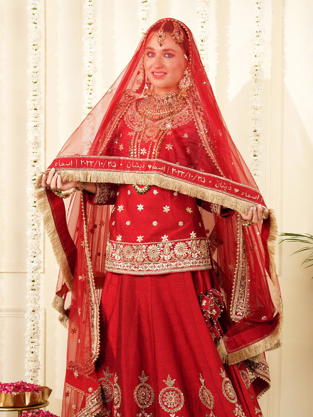 Bridal Dupatta - Floral Hand Work And Border Work At Front