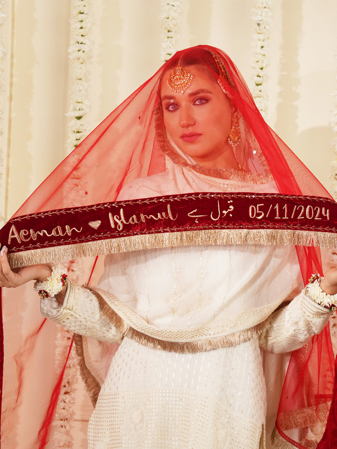 Bridal Dupatta - Velvet Border Sequins Work At Front Side