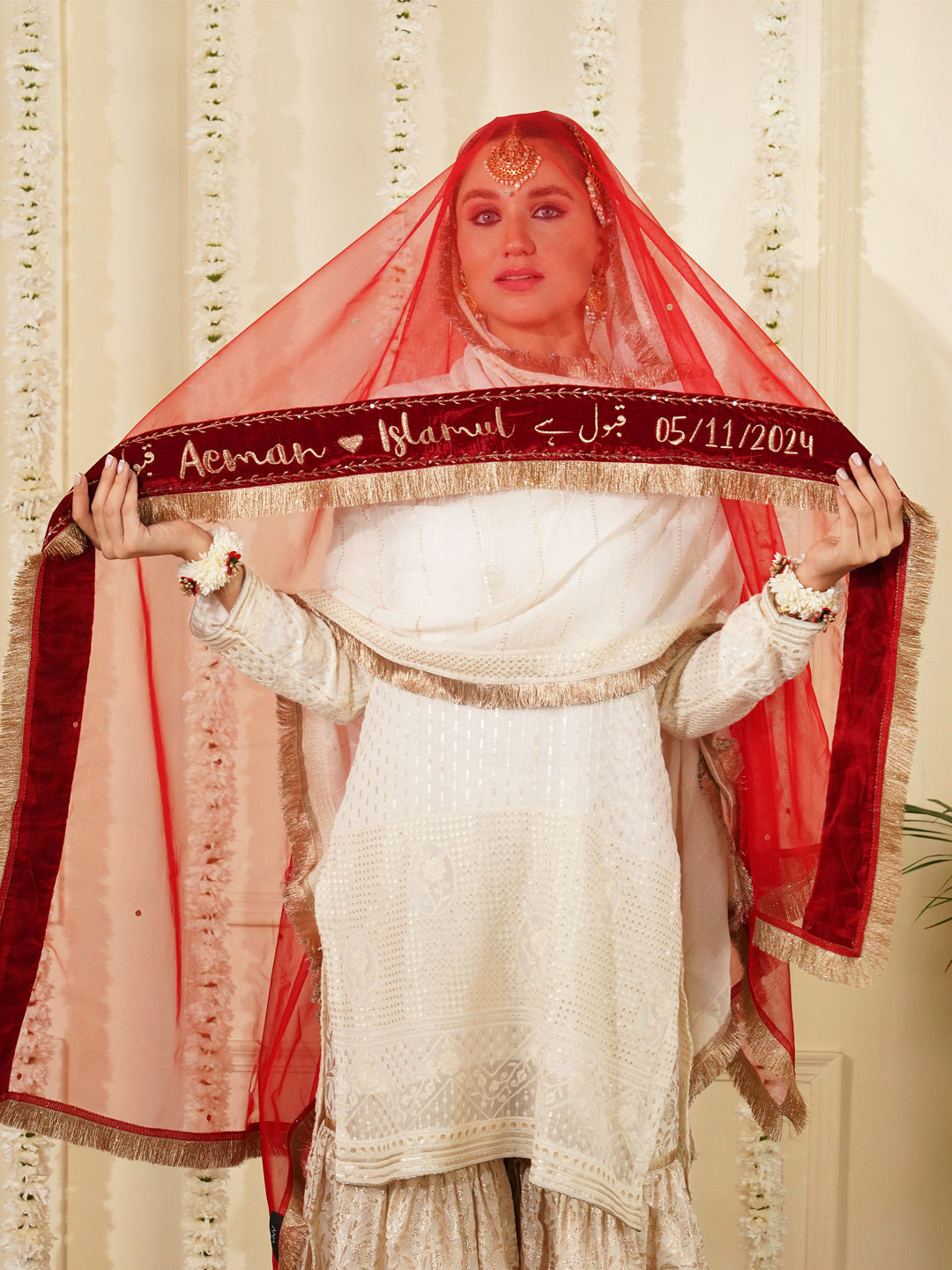 Bridal Dupatta - Velvet Border Sequins Work At Front Side