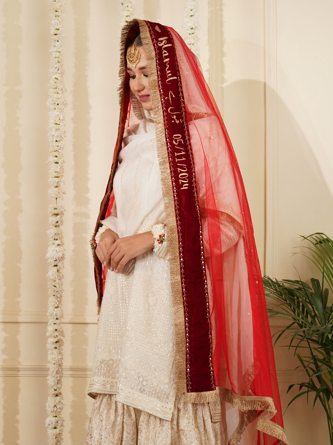 Bridal Dupatta - Velvet Border Sequins Work At Front Side
