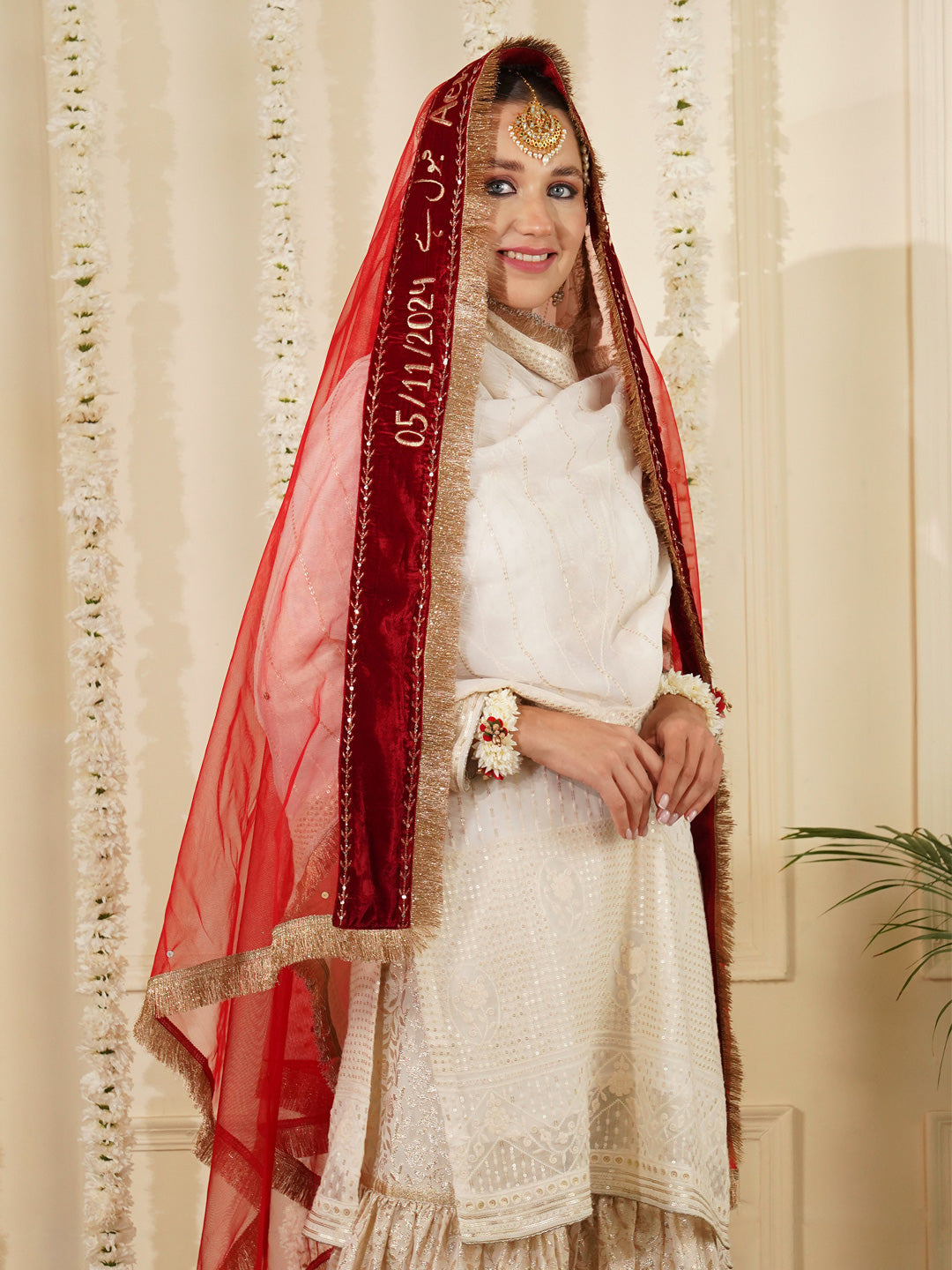 Bridal Dupatta - Velvet Border Sequins Work At Front Side