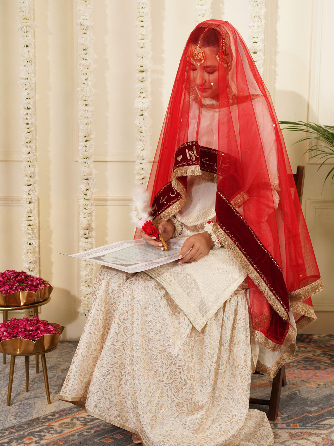 Bridal Dupatta - Velvet Border Sequins Work At Front Side
