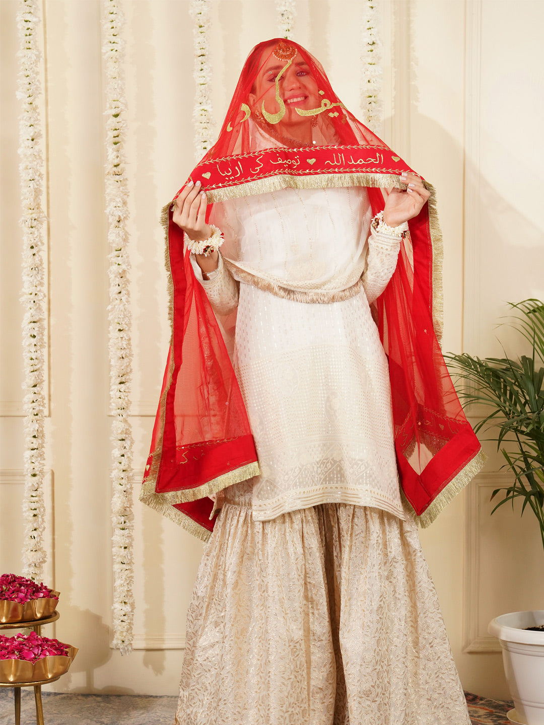 Bridal Dupatta - Centre Embroidery With Border Sequins Work At Four Side