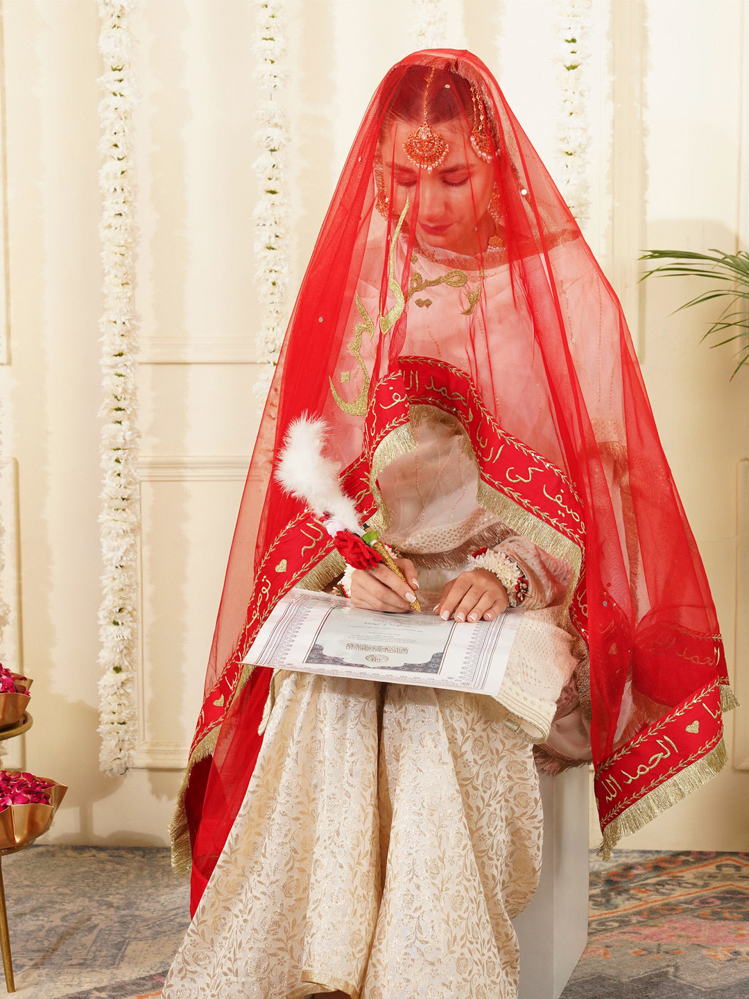 Bridal Dupatta - Centre Embroidery With Border Sequins Work At Four Side