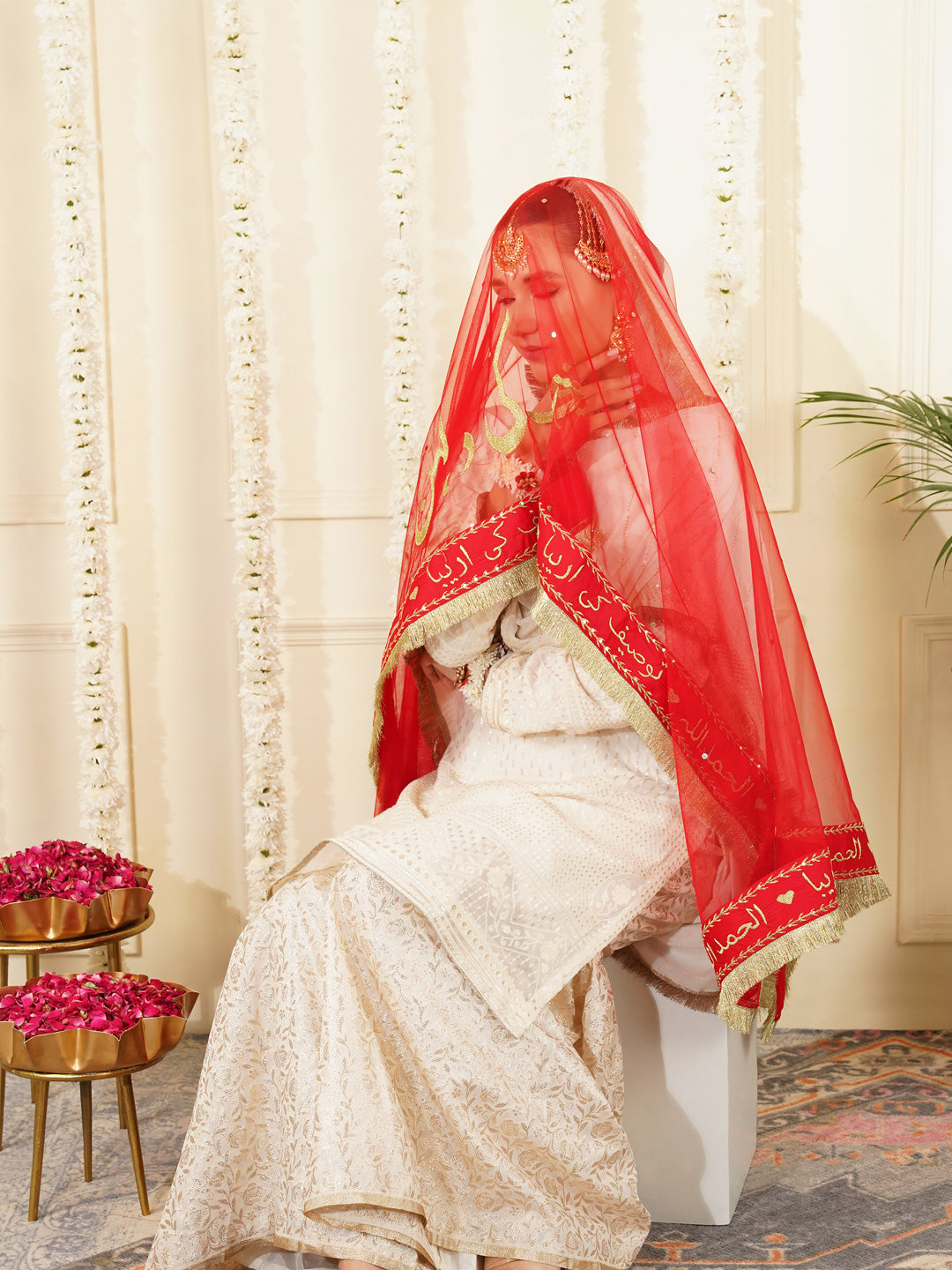 Bridal Dupatta - Centre Embroidery With Border Sequins Work At Four Side
