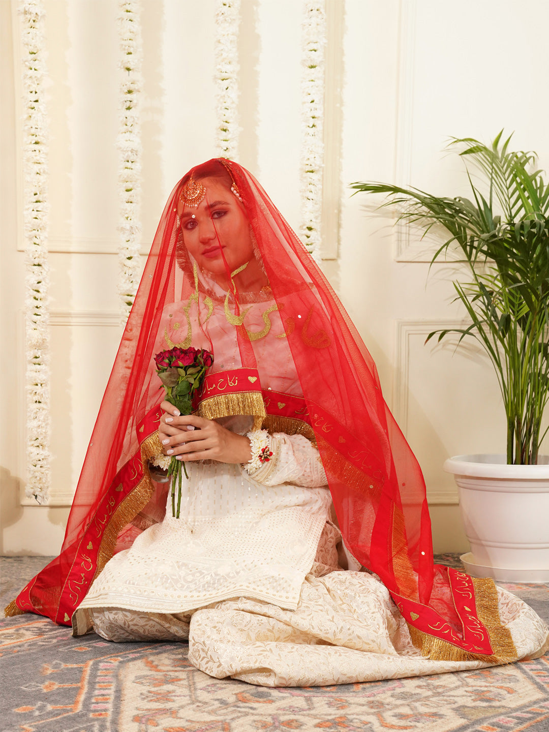 Bridal Dupatta - Centre Embroidery With Border Work At Four Side