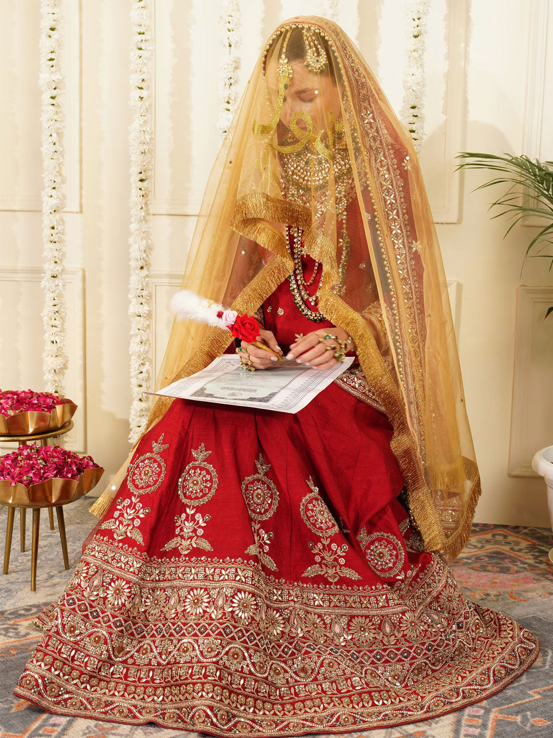 Buy Gold Bridal Dupatta - Centre Embroidery Online Buy Gold Bridal Dupatta - Centre Embroidery Online