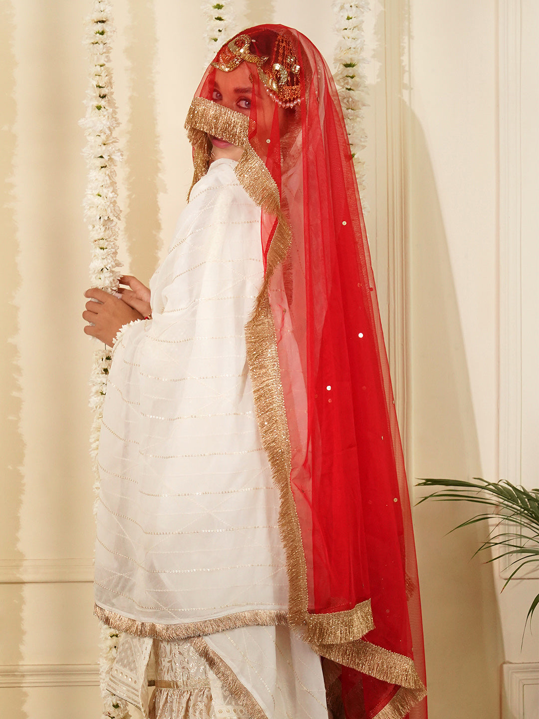 Buy Red Bridal Dupatta Handwork Online - Main Image