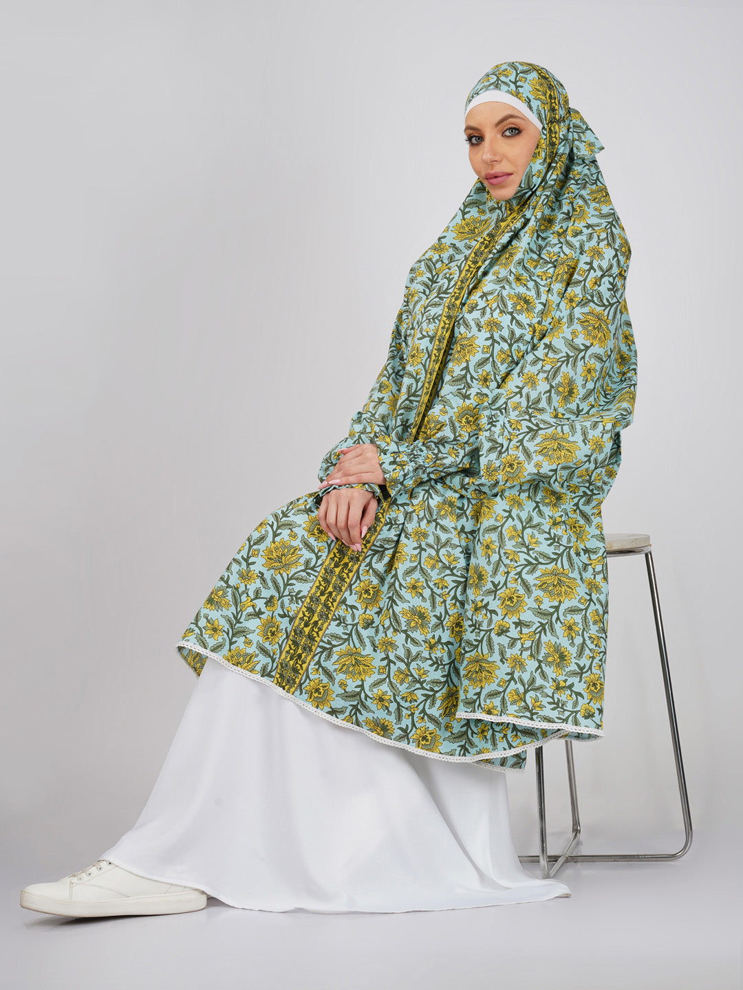 Ruhee Yellow Floral Knee Length Cotton Namaz Makhna