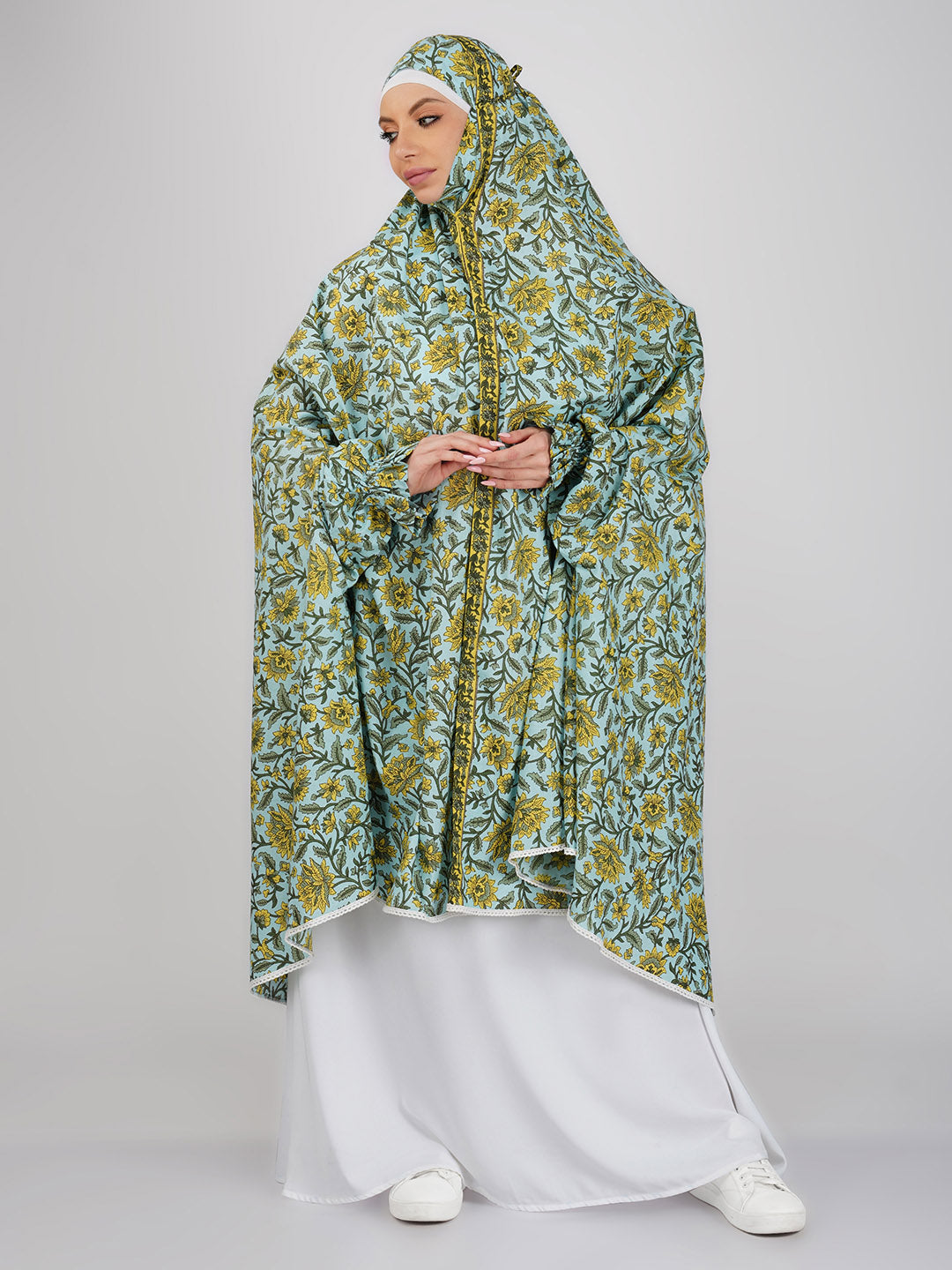 Ruhee Yellow Floral Knee Length Cotton Namaz Makhna