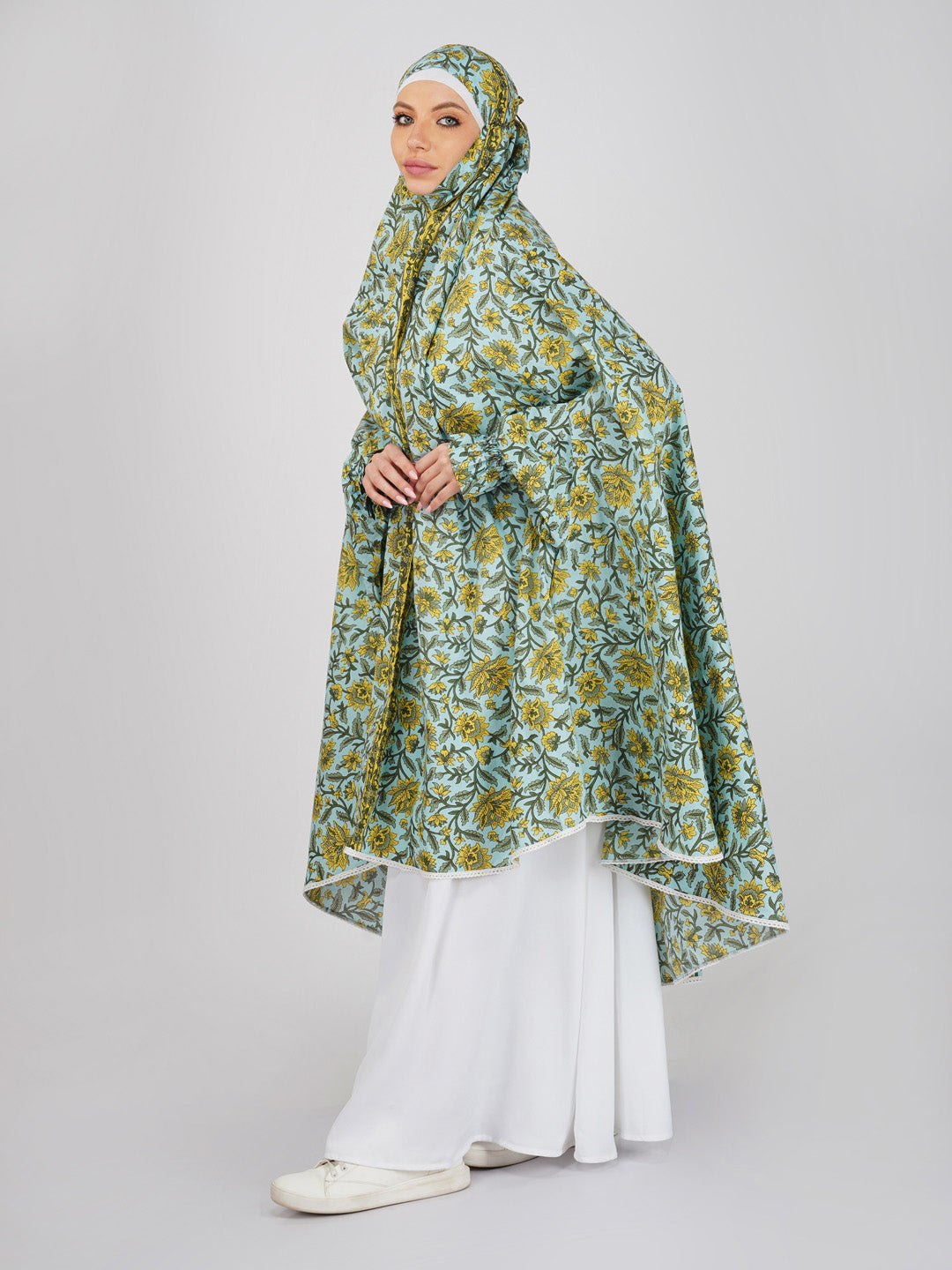 Ruhee Yellow Floral Knee Length Cotton Namaz Makhna