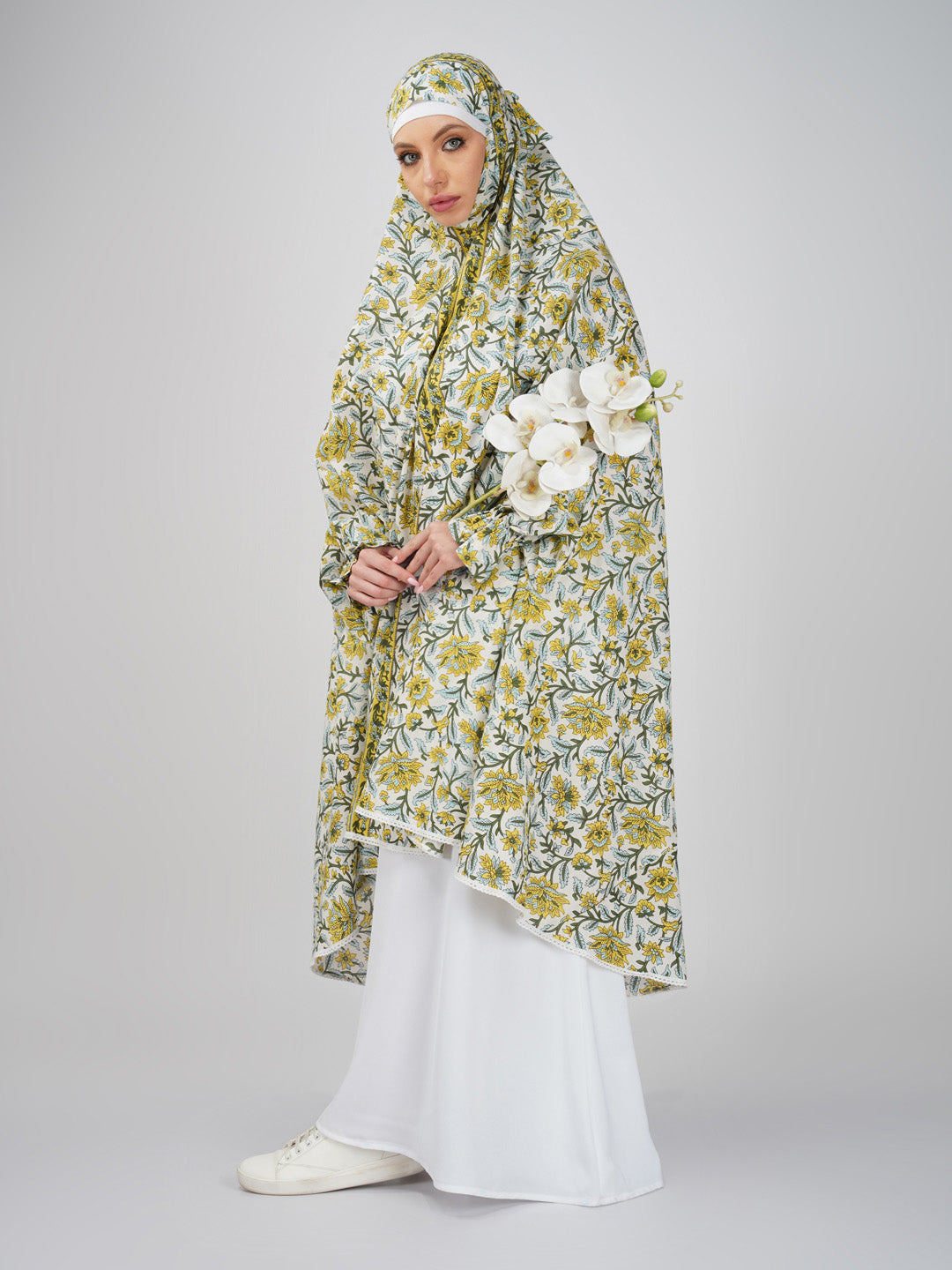 Ruhee Yellow Floral Knee Length Cotton Namaz Makhna